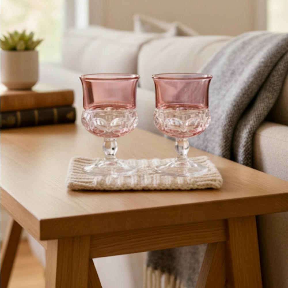 Vintage King’s Crown Pink Flash Thumbprint Goblets - Set of 2